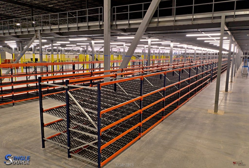 Warehouse installation high view of a selective pallet rack system and pallet racking flow.