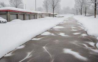 Concrete parking lot and sidewalk covered in snow for protecting your concrete in cold weather blog.