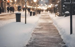 Concrete sidewalk with snow around it and lights in the background.