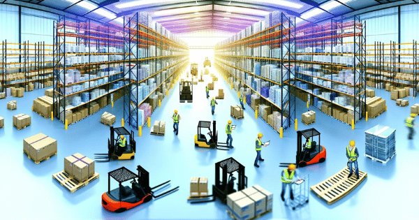 Wide digital image of a material handling equipment in a warehouse