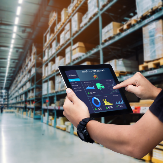 Warehouse automation software on tablet inside warehouse